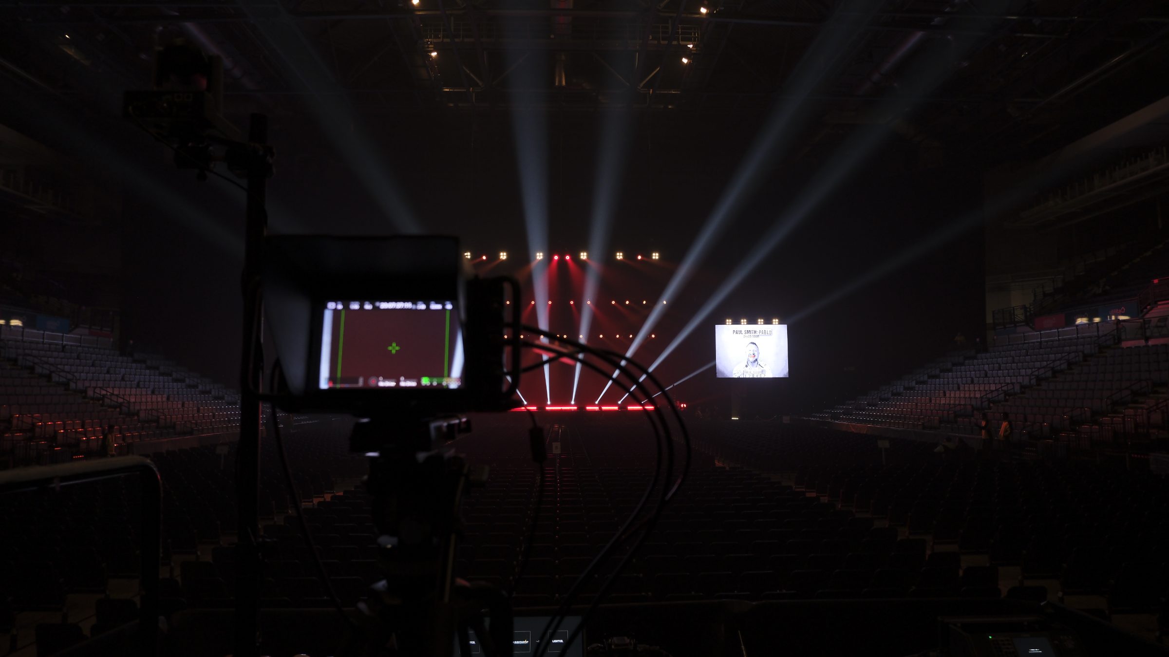 dwmedia camera at front of house in an empty arena during rehearsals for the Paul Smith HAPPY Tour